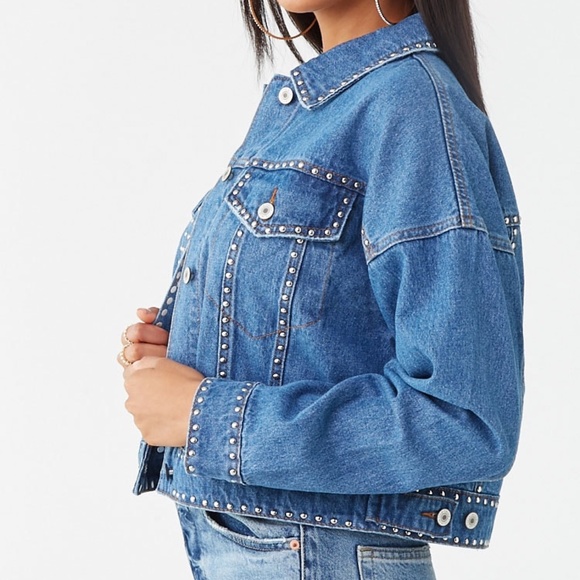 Silver Studded Jean Denim Jacket Tiger - Size Medium - NEW - Picture 6 of 7